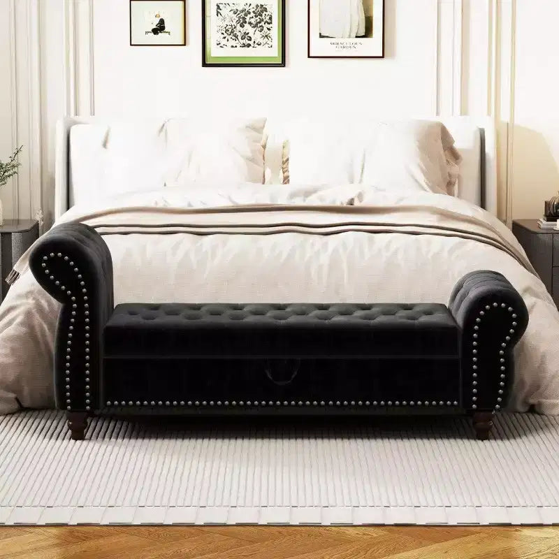 TUYOHW Banc de rangement rectangulaire, banc ottoman de bout de lit de 64,5 pouces avec design touffeté à clous, ottoman en lin pour salon, chambre, entrée