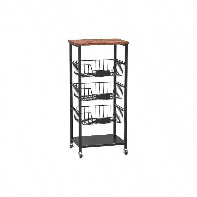 Kitchen Storage Cart with 5 - Tier Baskets, Wood Top, Rolling Snack Cart, Metal Black, Easy to Move, Durable Storage Solution