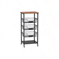 Kitchen Storage Cart with 5 - Tier Baskets, Wood Top, Rolling Snack Cart, Metal Black, Easy to Move, Durable Storage Solution