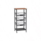 Kitchen Storage Cart with 5 - Tier Baskets, Wood Top, Rolling Snack Cart, Metal Black, Easy to Move, Durable Storage Solution