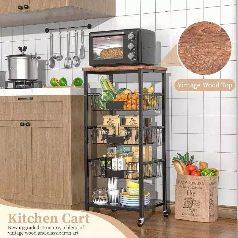 Desserte de cuisine avec 5 paniers, plateau en bois, chariot de service roulant, métal noir, facile à déplacer, solution de rangement durable