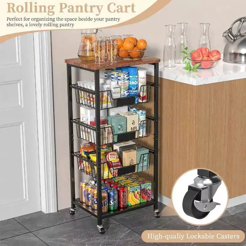Desserte de cuisine avec 5 paniers, plateau en bois, chariot de service roulant, métal noir, facile à déplacer, solution de rangement durable