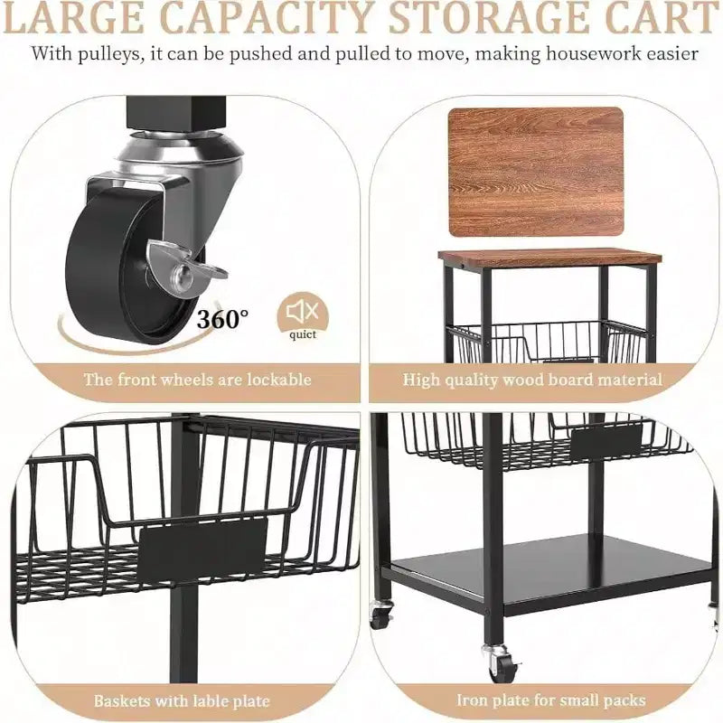 Desserte de cuisine avec 5 paniers, plateau en bois, chariot de service roulant, métal noir, facile à déplacer, solution de rangement durable