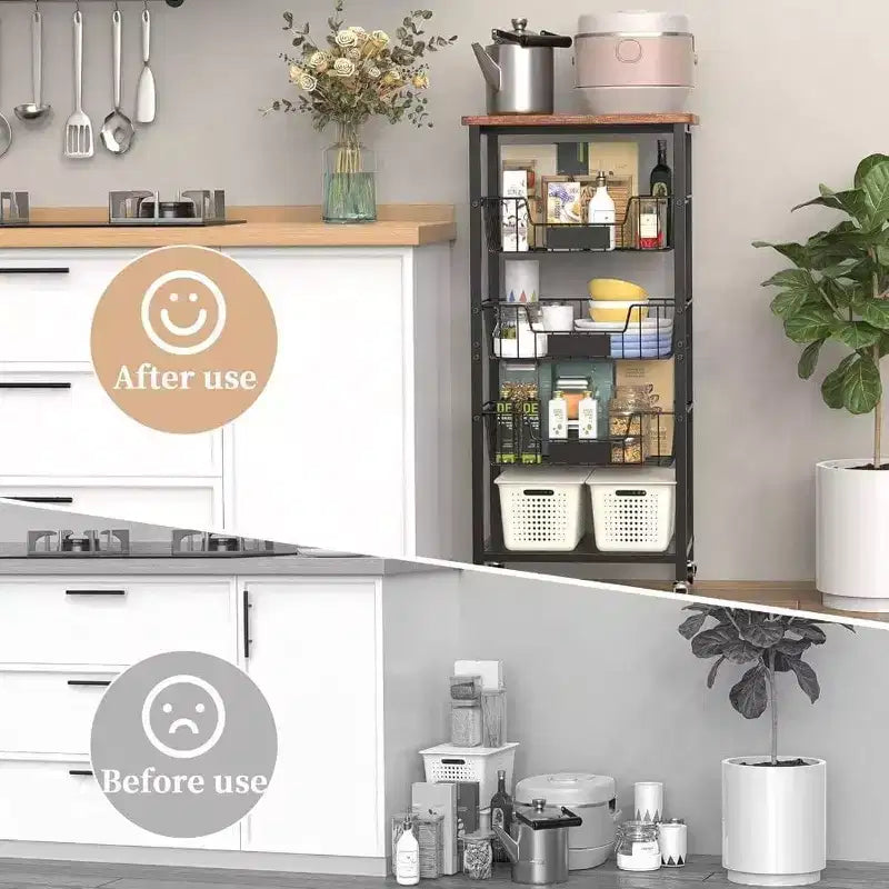 Desserte de cuisine avec 5 paniers, plateau en bois, chariot de service roulant, métal noir, facile à déplacer, solution de rangement durable