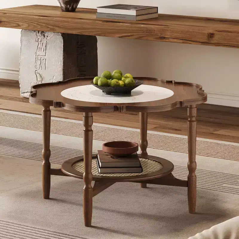 Table basse vintage en rotin avec étagère, table basse ronde rétro avec rangement pour salon, noyer