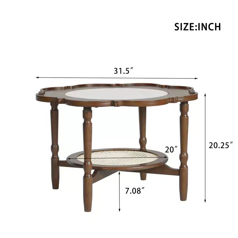 Table basse vintage en rotin avec étagère, table basse ronde rétro avec rangement pour salon, noyer