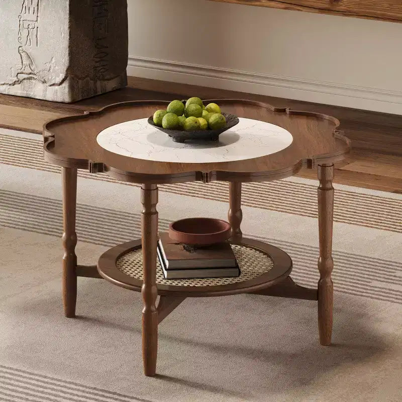 Table basse vintage en rotin avec étagère, table basse ronde rétro avec rangement pour salon, noyer