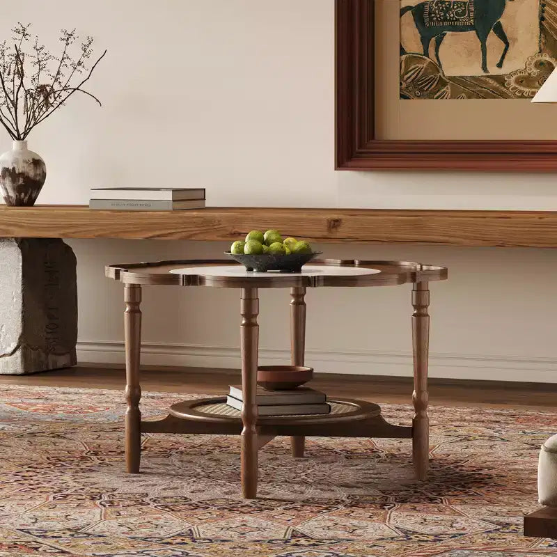 Table basse vintage en rotin avec étagère, table basse ronde rétro avec rangement pour salon, noyer