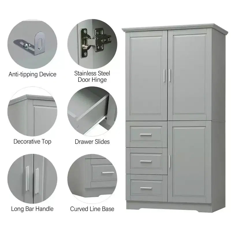 Meuble de rangement haut et large MAYEERTY avec portes et 3 tiroirs pour salle de bain ou bureau