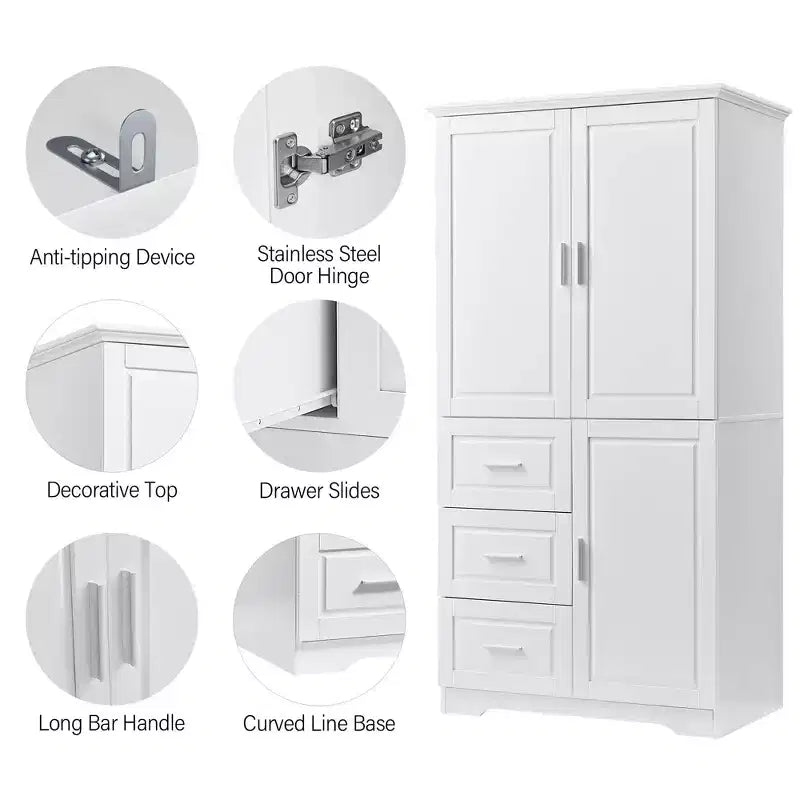 Meuble de rangement haut et large MAYEERTY avec portes et 3 tiroirs pour salle de bain ou bureau