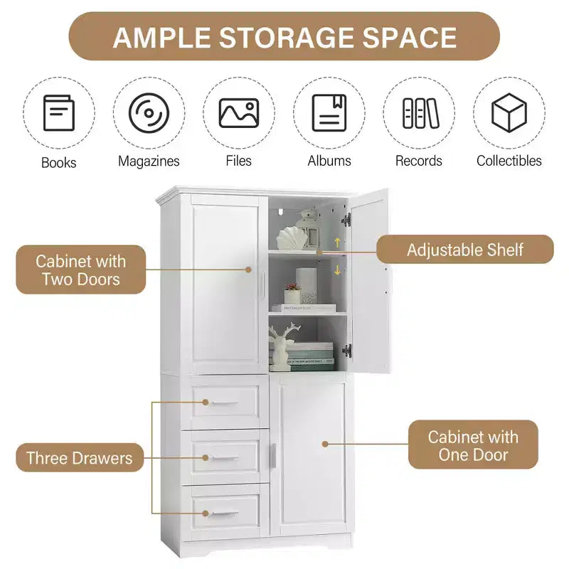 Meuble de rangement haut et large MAYEERTY avec portes et 3 tiroirs pour salle de bain ou bureau