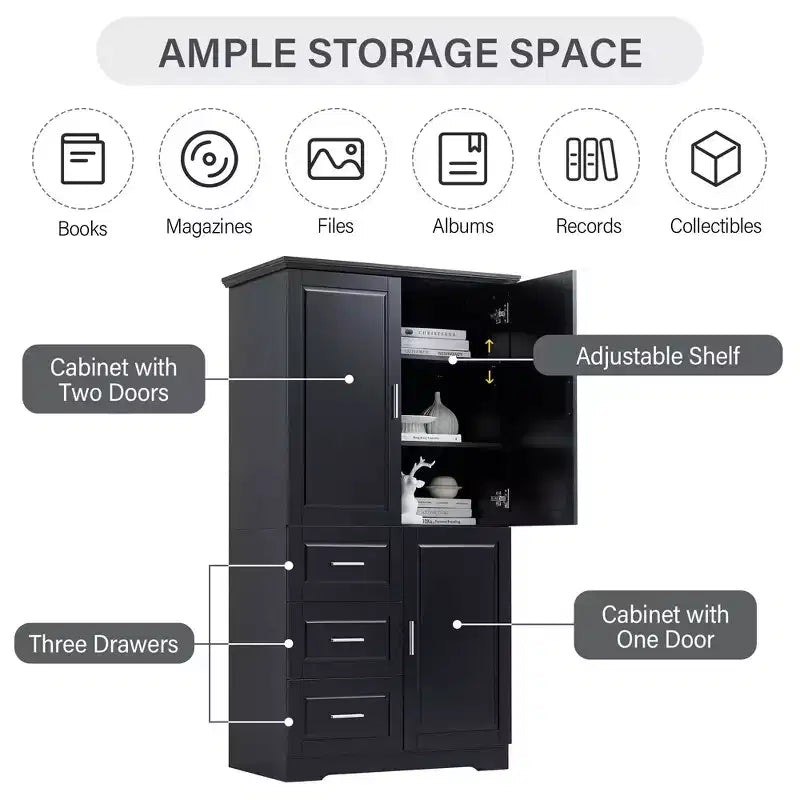Meuble de rangement haut et large MAYEERTY avec portes et 3 tiroirs pour salle de bain ou bureau