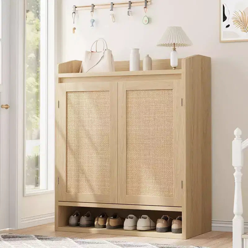 Meuble à chaussures en rotin, organisateur de rangement de chaussures en bois de style bohème avec étagères réglables pour entrée, couloir