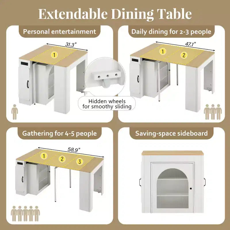 Table à manger extensible JVNOXK de 59 pouces avec 3 rallonges centrales amovibles, îlot de rangement mobile avec prise de courant et roulettes