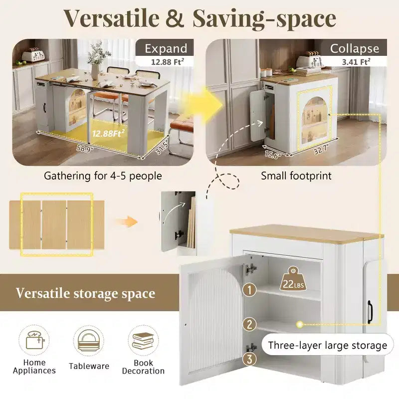 Table à manger extensible JVNOXK de 59 pouces avec 3 rallonges centrales amovibles, îlot de rangement mobile avec prise de courant et roulettes