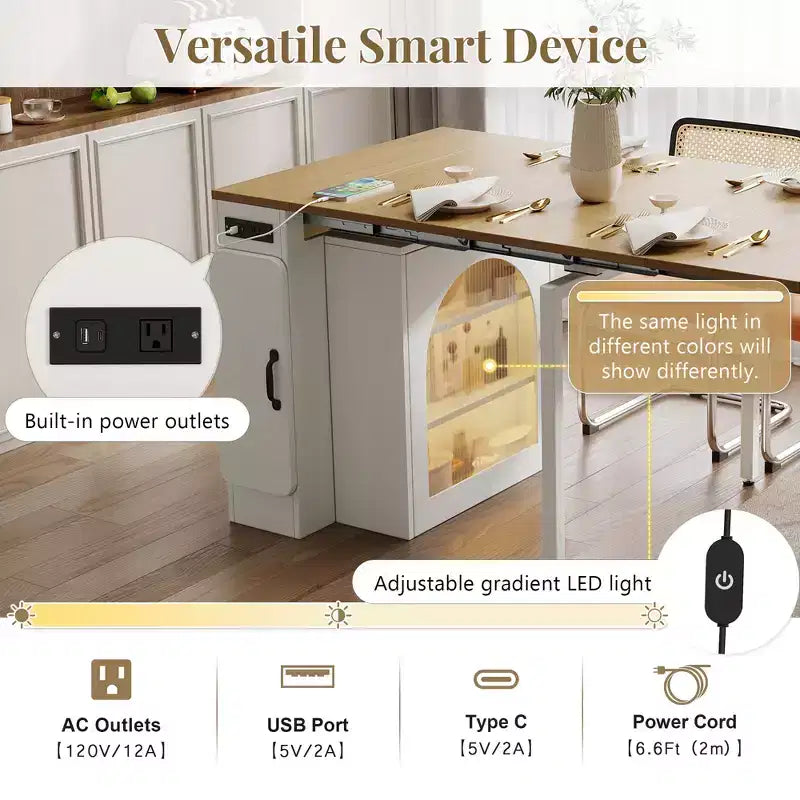 Table à manger extensible JVNOXK de 59 pouces avec 3 rallonges centrales amovibles, îlot de rangement mobile avec prise de courant et roulettes
