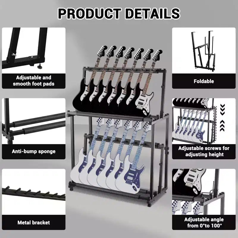 Support multi-guitares 2 niveaux, 14 supports, hauteur réglable, présentoir pour plusieurs guitares, accessoires d'ampli de guitare pour studio de musique à domicile