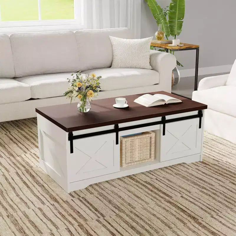 Table basse COZONY pour salon avec plateau relevable et rangement, design industriel carré avec décor en X, durable et élégante, blanche