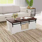 Table basse COZONY pour salon avec plateau relevable et rangement, design industriel carré avec décor en X, durable et élégante, blanche