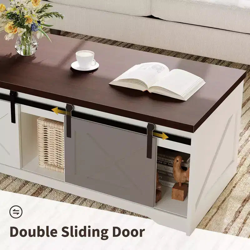 Table basse COZONY pour salon avec plateau relevable et rangement, design industriel carré avec décor en X, durable et élégante, blanche