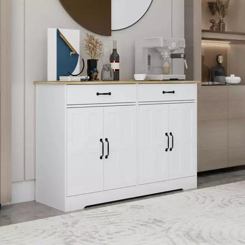 MAYEERTY Armoire de buffet de ferme blanche 47.95, 2 tiroirs 4 portes, meuble de rangement pour salle à manger