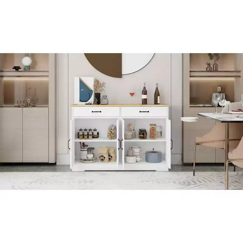 MAYEERTY Armoire de buffet de ferme blanche 47.95, 2 tiroirs 4 portes, meuble de rangement pour salle à manger