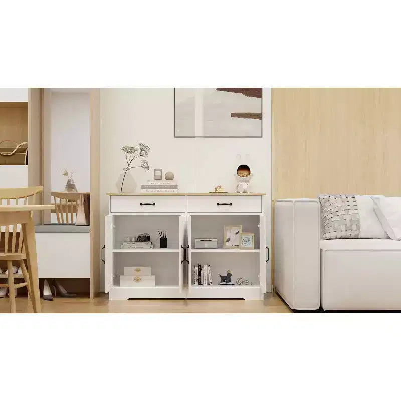 MAYEERTY Armoire de buffet de ferme blanche 47.95, 2 tiroirs 4 portes, meuble de rangement pour salle à manger