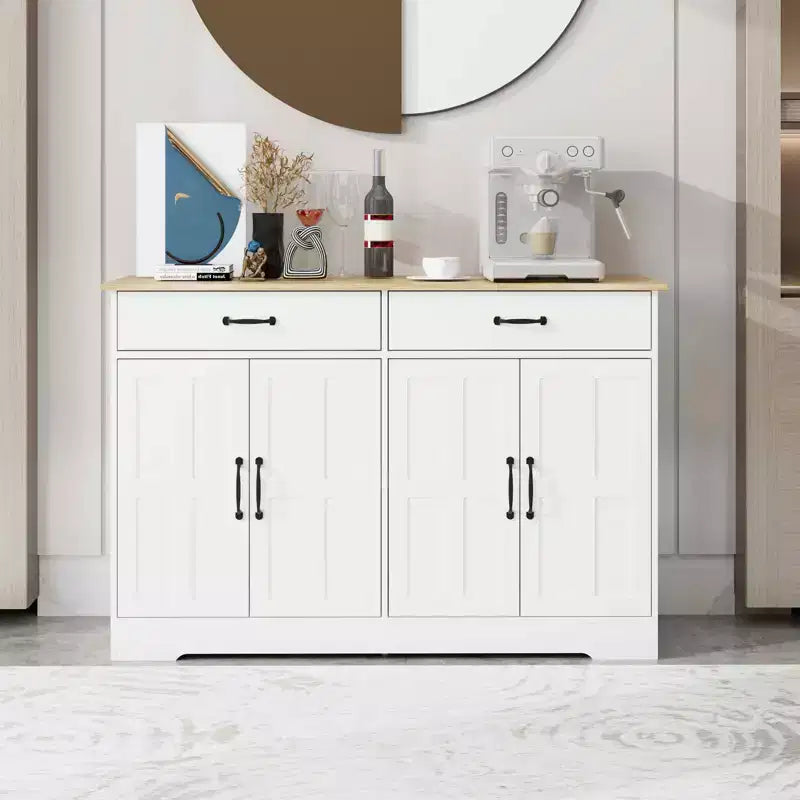 MAYEERTY Armoire de buffet de ferme blanche 47.95, 2 tiroirs 4 portes, meuble de rangement pour salle à manger