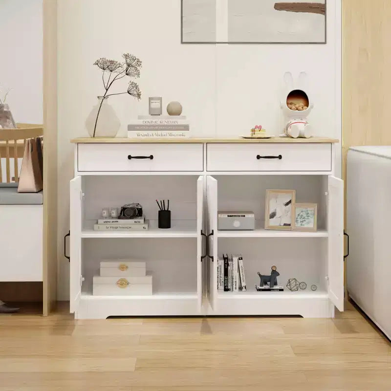 MAYEERTY Armoire de buffet de ferme blanche 47.95, 2 tiroirs 4 portes, meuble de rangement pour salle à manger
