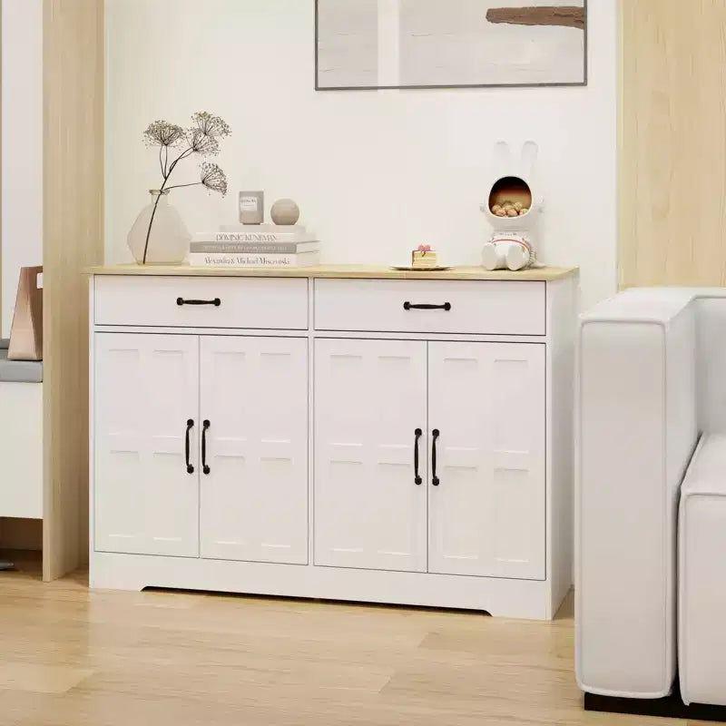 MAYEERTY Armoire de buffet de ferme blanche 47.95, 2 tiroirs 4 portes, meuble de rangement pour salle à manger