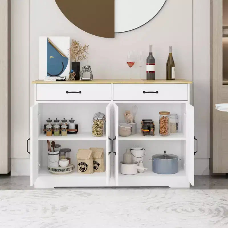 MAYEERTY Armoire de buffet de ferme blanche 47.95, 2 tiroirs 4 portes, meuble de rangement pour salle à manger