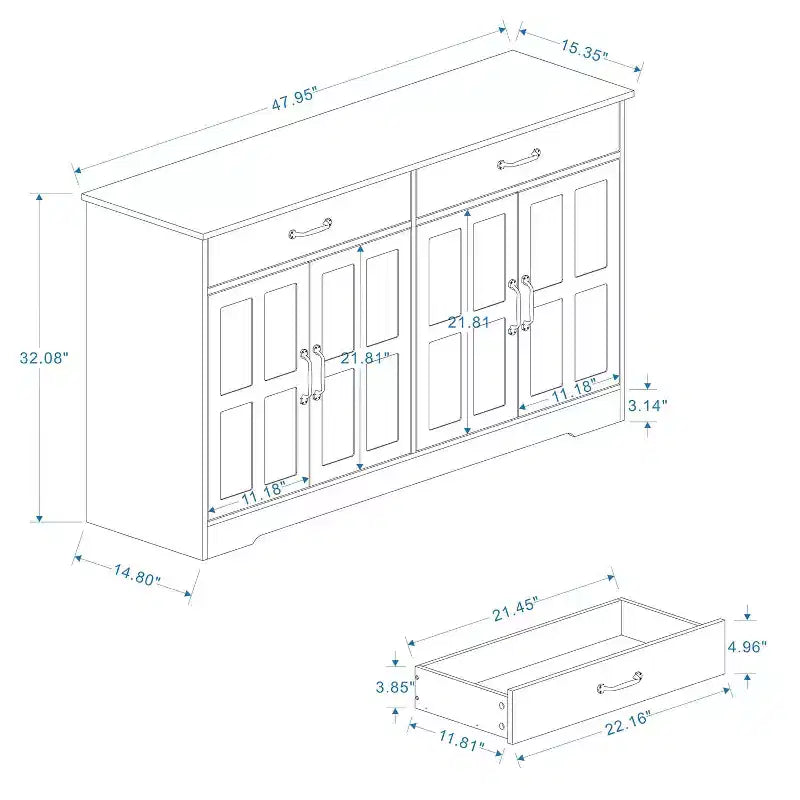 MAYEERTY Armoire de buffet de ferme blanche 47.95, 2 tiroirs 4 portes, meuble de rangement pour salle à manger