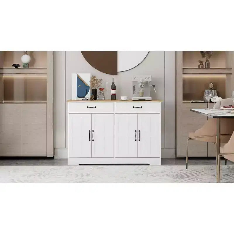 MAYEERTY Armoire de buffet de ferme blanche 47.95, 2 tiroirs 4 portes, meuble de rangement pour salle à manger