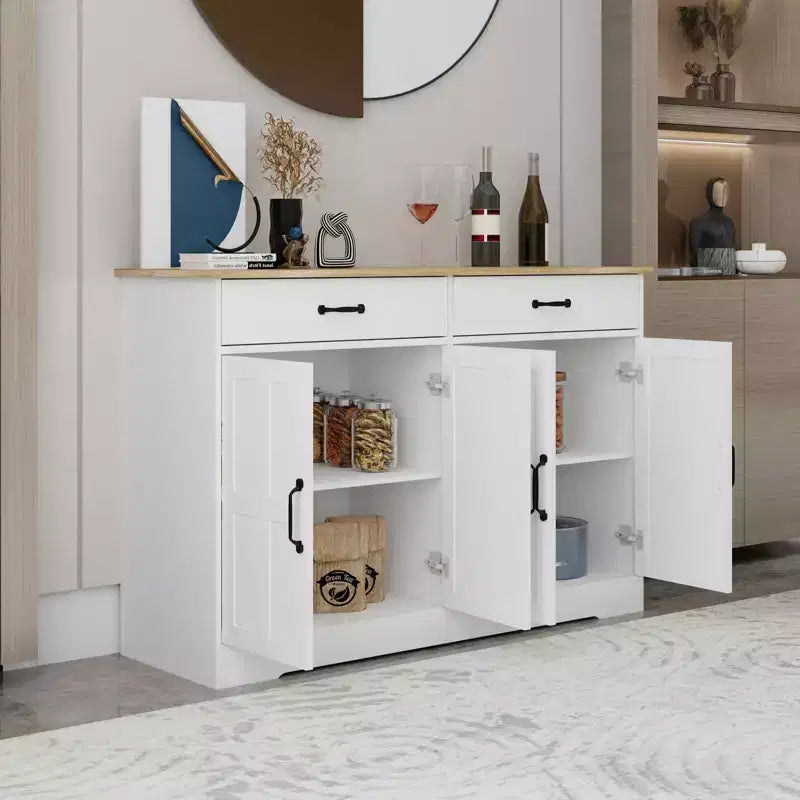 MAYEERTY Armoire de buffet de ferme blanche 47.95, 2 tiroirs 4 portes, meuble de rangement pour salle à manger