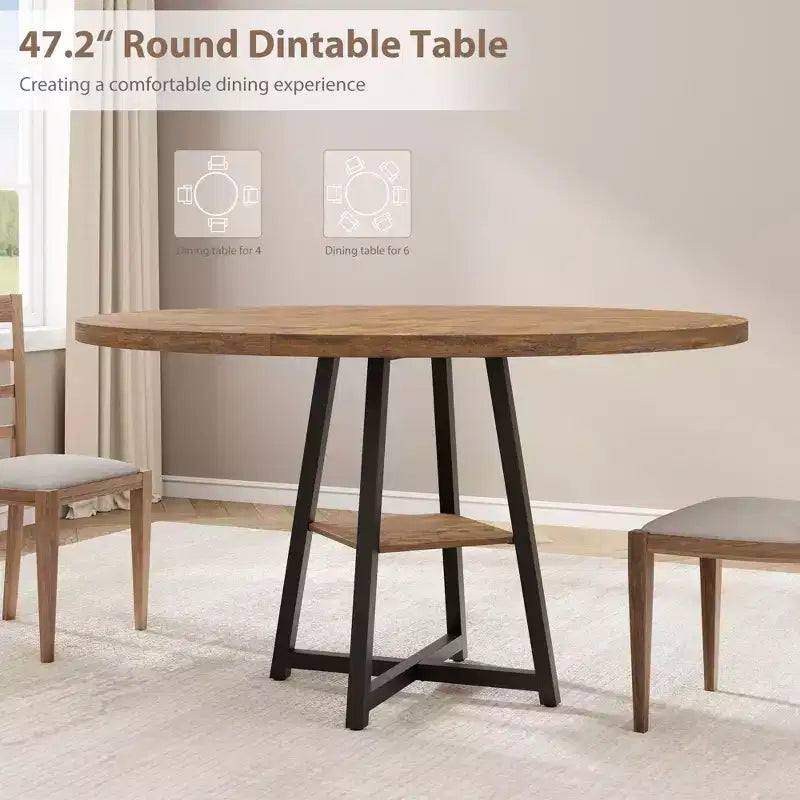 Table à manger ronde de 47 po pour 4 personnes - Table de cuisine moderne de style ferme avec pieds en métal, table à manger ronde en bois pour salle à manger, cuisine, salon