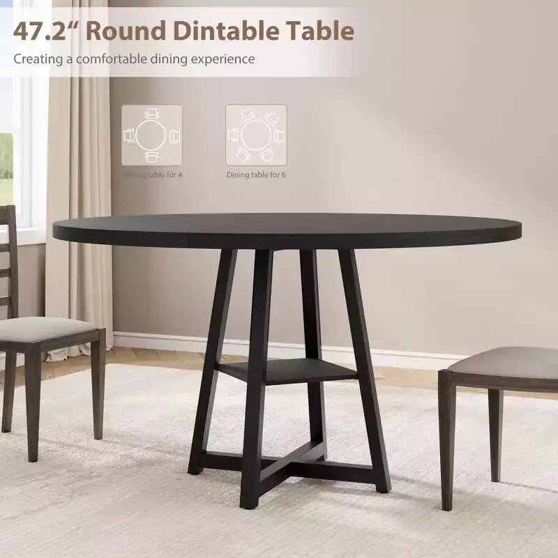 Table à manger ronde de 47 po pour 4 personnes - Table de cuisine moderne de style ferme avec pieds en métal, table à manger ronde en bois pour salle à manger, cuisine, salon