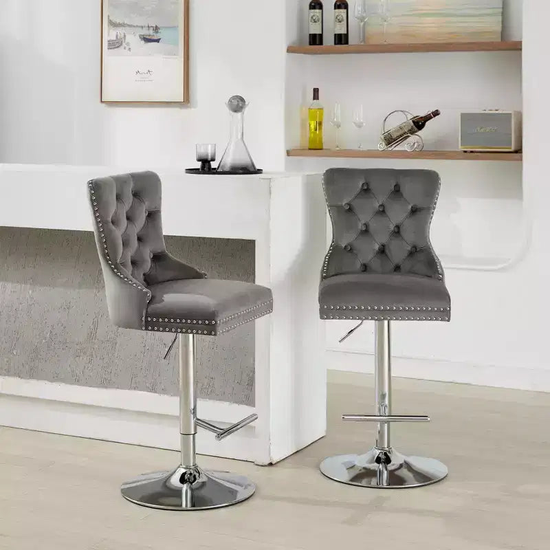 Lot de 2 tabourets de bar pivotants Okak, hauteur réglable de 63,5 à 83,8 cm, en velours avec capitonnage en losange et assise à ressorts, pour bar à domicile, îlot de cuisine