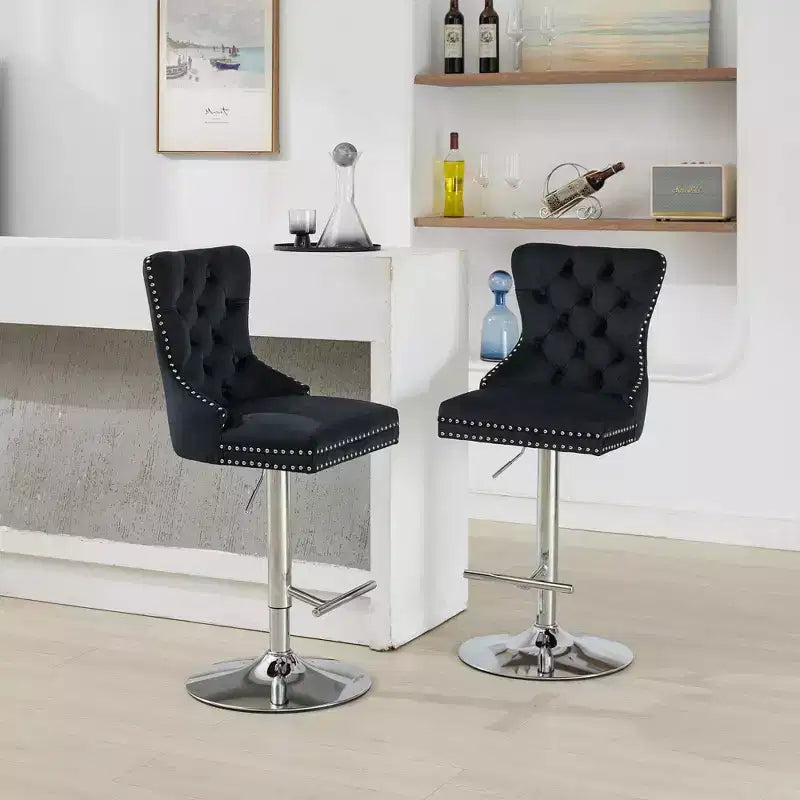Lot de 2 tabourets de bar pivotants Okak, hauteur réglable de 63,5 à 83,8 cm, en velours avec capitonnage en losange et assise à ressorts, pour bar à domicile, îlot de cuisine
