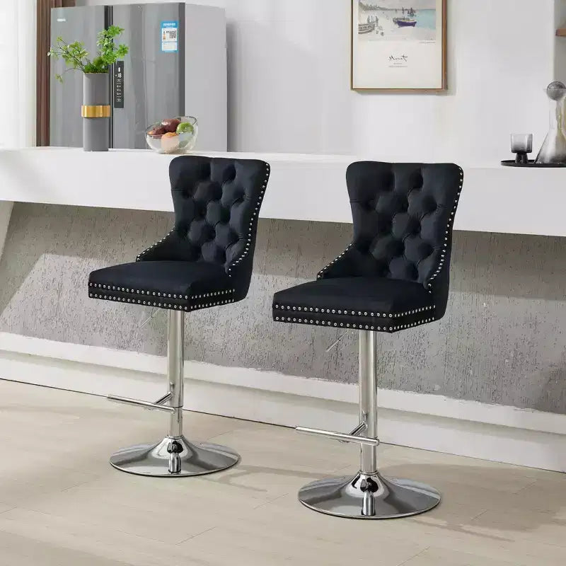 Lot de 2 tabourets de bar pivotants Okak, hauteur réglable de 63,5 à 83,8 cm, en velours avec capitonnage en losange et assise à ressorts, pour bar à domicile, îlot de cuisine