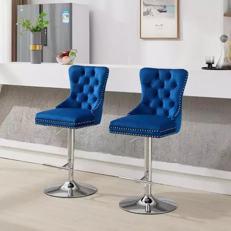 Lot de 2 tabourets de bar pivotants Okak, hauteur réglable de 63,5 à 83,8 cm, en velours avec capitonnage en losange et assise à ressorts, pour bar à domicile, îlot de cuisine