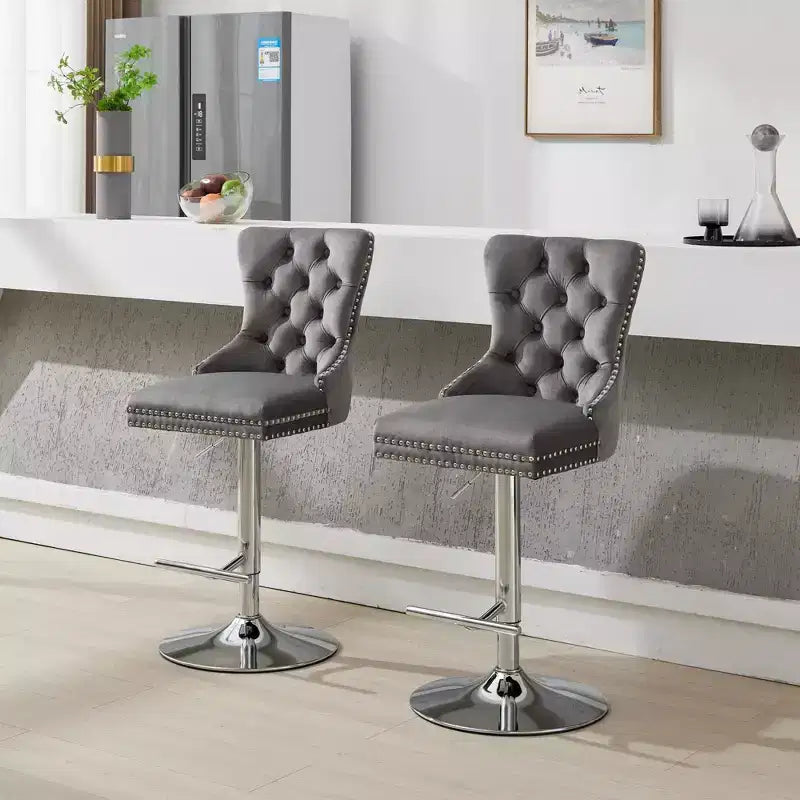 Lot de 2 tabourets de bar pivotants Okak, hauteur réglable de 63,5 à 83,8 cm, en velours avec capitonnage en losange et assise à ressorts, pour bar à domicile, îlot de cuisine