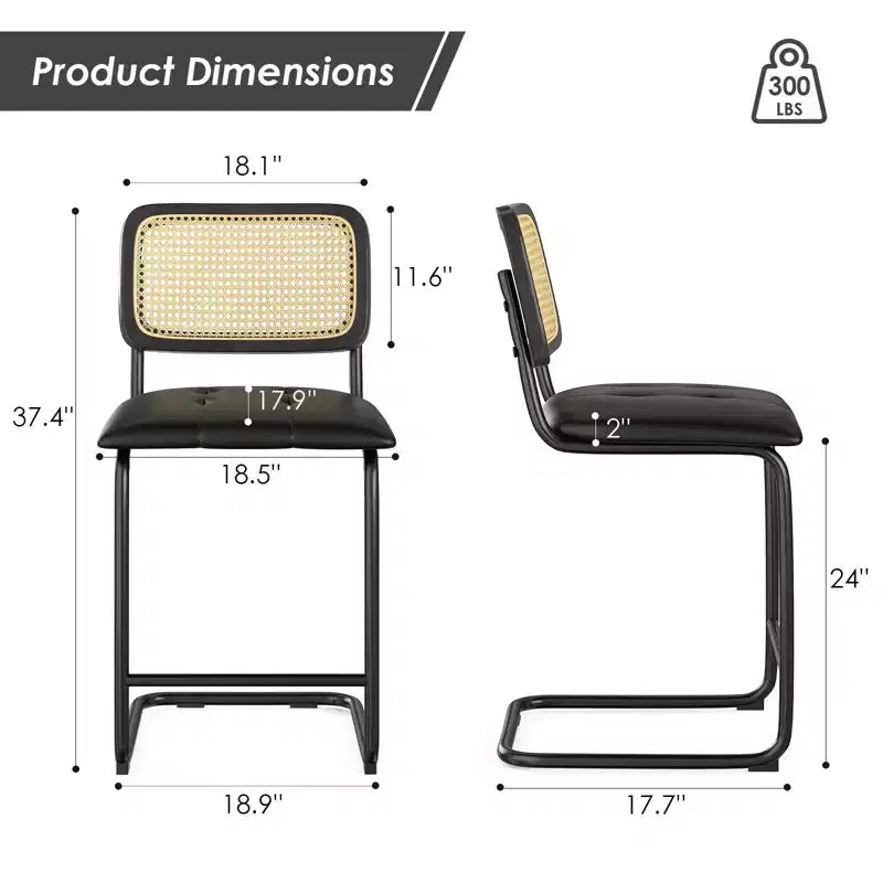 Okak Lot de 2 tabourets de comptoir de 61 cm, tabourets de bar rembourrés en cuir PU avec dossier en rotin naturel, chaises de bar modernes sans accoudoirs pour îlot de cuisine
