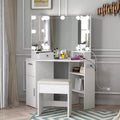 1 SET 15MM PB Corner Makeup Vanity with Dressing Table and Stool, 12 Self-Adhesive Three-Level Light Bulbs, Three-Sided 3mm Aluminum Mirror