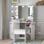 1 SET 15MM PB Corner Makeup Vanity with Dressing Table and Stool, 12 Self-Adhesive Three-Level Light Bulbs, Three-Sided 3mm Aluminum Mirror