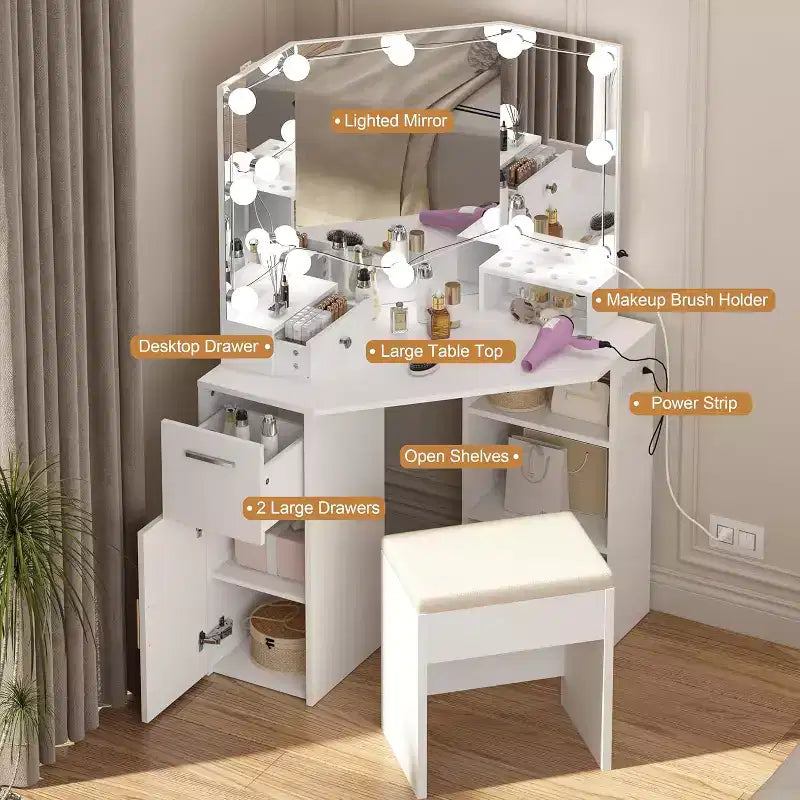 1 ENSEMBLE Coiffeuse d'angle 15MM PB avec table de maquillage et tabouret, 12 ampoules lumineuses auto-adhésives à trois niveaux, miroir en aluminium 3mm à trois côtés