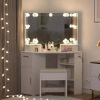 1 ENSEMBLE Coiffeuse d'angle 15MM PB avec table de maquillage et tabouret, 12 ampoules lumineuses auto-adhésives à trois niveaux, miroir en aluminium 3mm à trois côtés