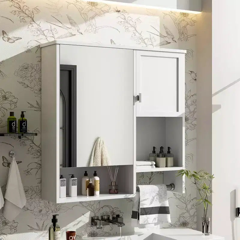 MAYEERTY 40 Armoire à pharmacie avec miroir, Meuble de rangement de salle de bain avec porte miroir, étagères, porte vitrée pour salle de bain Blanc