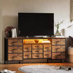 Meuble TV commode de 70 pouces pour téléviseurs de 65, 75, 80 pouces, grande commode de 13 tiroirs en tissu avec prises de courant et lumières LED pour chambre à coucher
