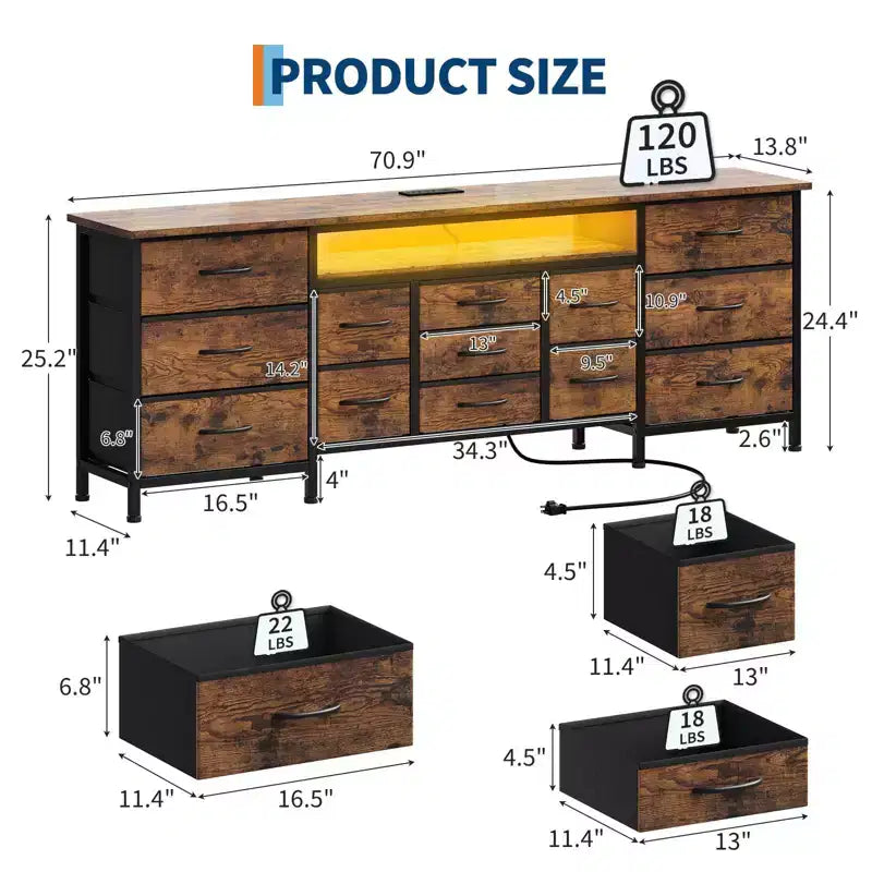 Meuble TV commode de 70 pouces pour téléviseurs de 65, 75, 80 pouces, grande commode de 13 tiroirs en tissu avec prises de courant et lumières LED pour chambre à coucher