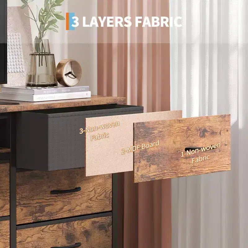 Meuble TV commode de 70 pouces pour téléviseurs de 65, 75, 80 pouces, grande commode de 13 tiroirs en tissu avec prises de courant et lumières LED pour chambre à coucher